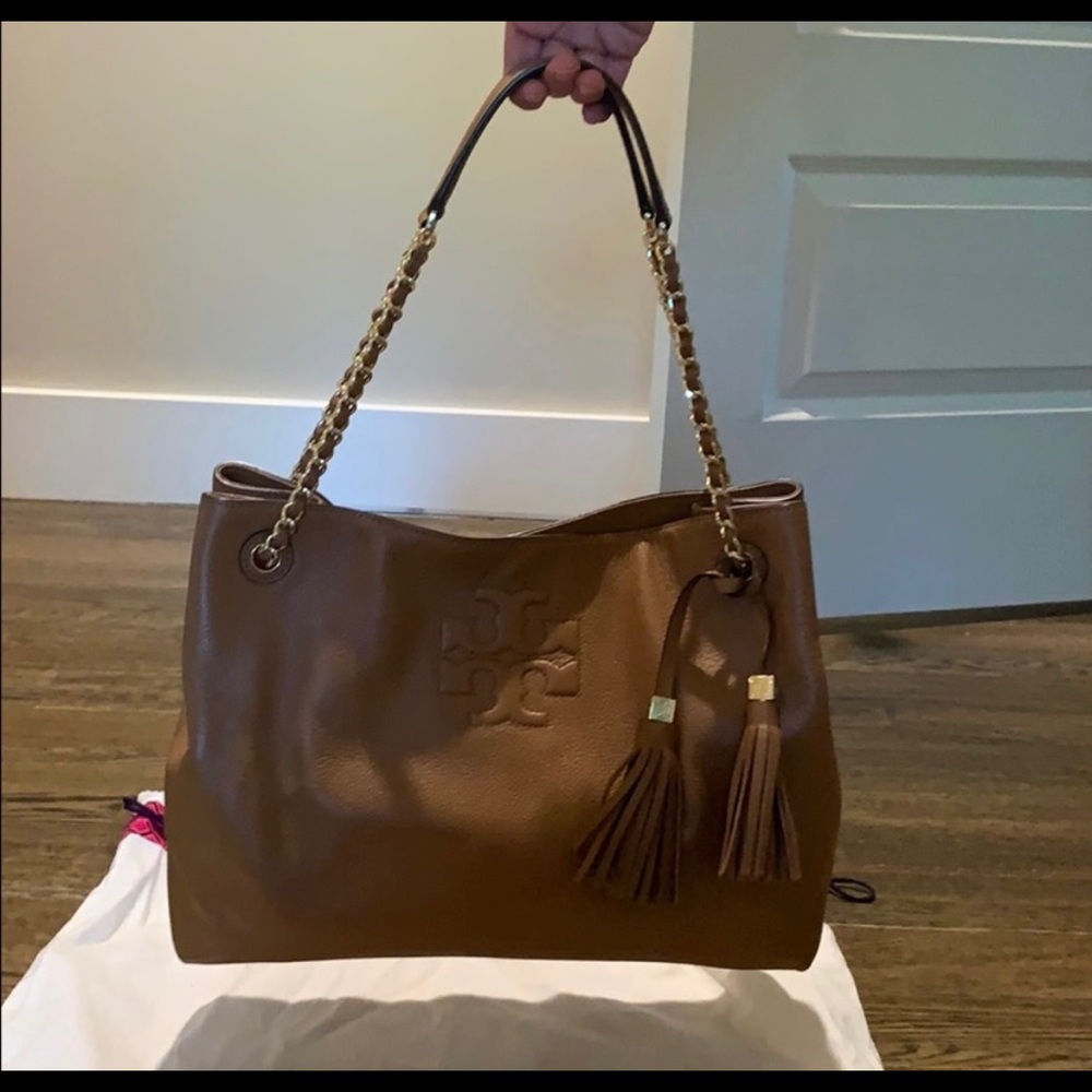 Tory Burch Cognac Leather Tote with Tassel Chain Straps